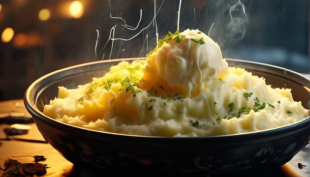 A bowl of creamy mashed potatoes with a pat of butter on top