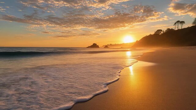Sunset over a calm ocean with waves gently washing onto a sandy beach