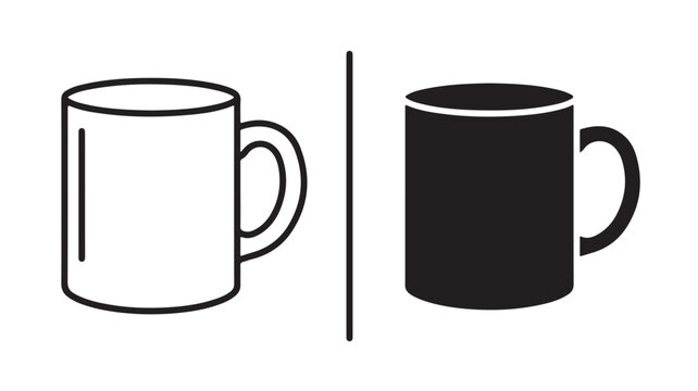 Two coffee mugs isolated on white background in line art and solid black