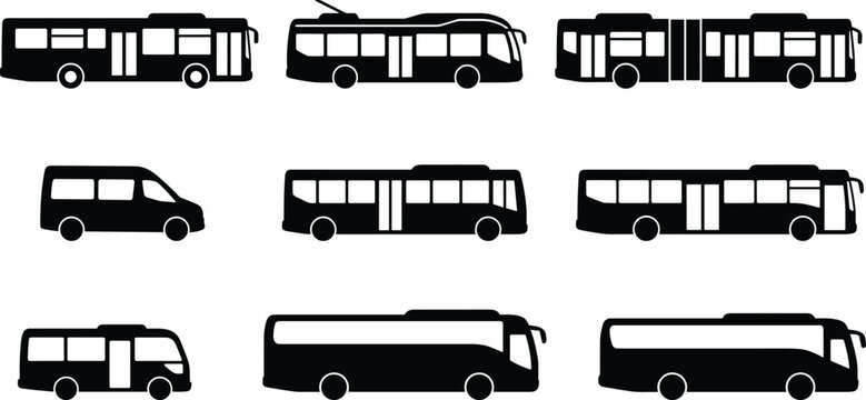 Bus Silhouette Vector Set with Public Transport City Coach and Minibus Icons