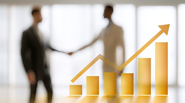 Golden rising bar growth chart, blurred business figures handshake cooperation scene, corporate win-win economic revenue growth finance graphic