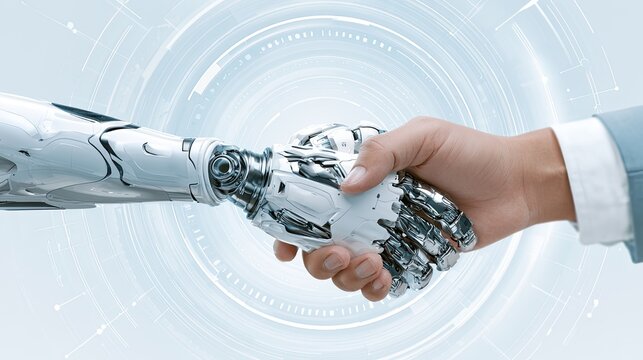 Human business hand shaking hands with silver mechanical robot, light blue circular tech line background, artificial intelligence human-machine cooperation tech concept graphic