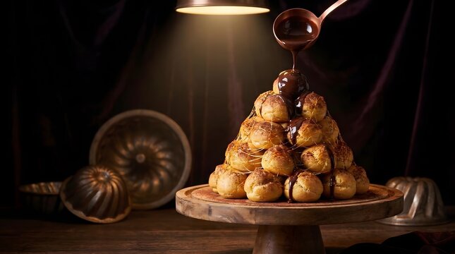 Pouring thick chocolate glaze over a profiterole tower under a dramatic overhead spotlight, dark moody bakery background with vintage baking molds