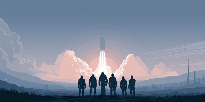 Five astronauts in space suits observing a rocket launch at dusk from a remote location