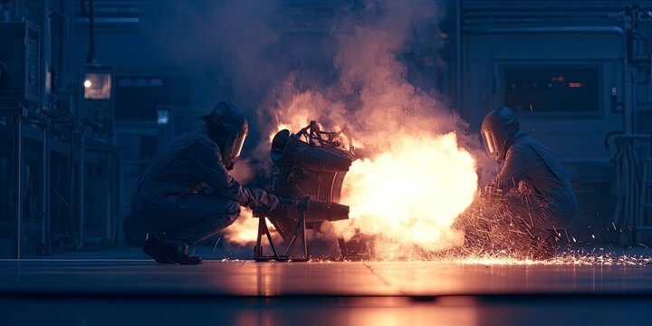 Two industrial workers conducting welding work with sparks and bright fire in factory environment