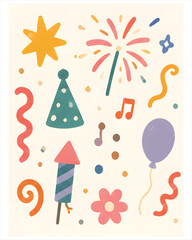 Obraz premium Cute Party and Celebration Elements Vector Design with Balloon, Party Hat, Fireworks, and Streamers