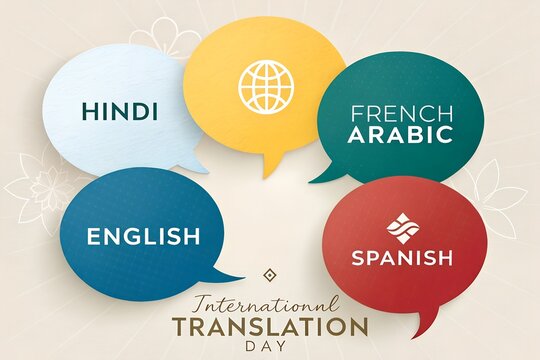 Vibrant speech bubbles featuring various global languages like hindi french arabic english and spanish arranged in a circular pattern to celebrate international translation day with a clean flat graph
