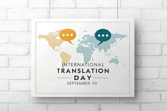 International translation day poster featuring a stylized world map with vibrant speech bubbles hanging gracefully against a textured white brick wall in a clean minimalist style for professional grap