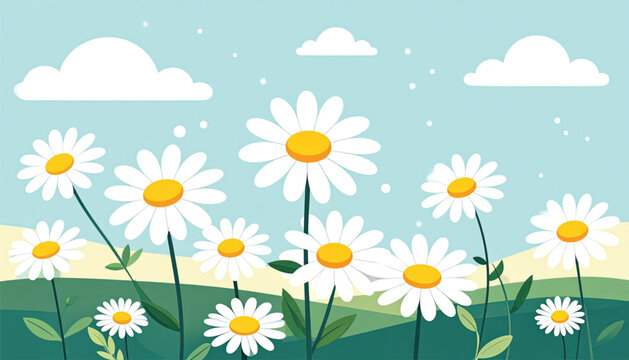 White daisies with yellow centers bloom.
