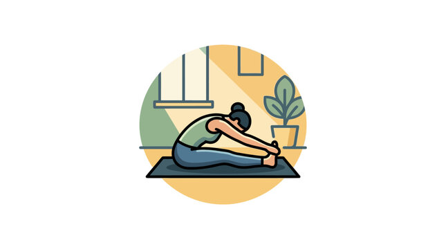 A stylized illustration of a person performing a seated forward fold yoga stretch on a mat