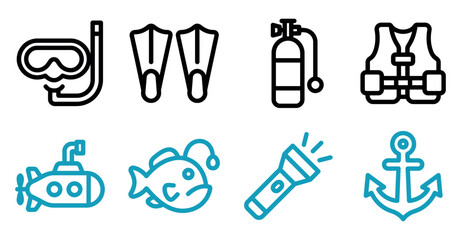 Set of simple vector icons for diving snorkeling submarine fish flashlight and ship anchor equipment Minimal stroke icon set bundle collection. Editable Vector Illustration Mega pack © SIMUL