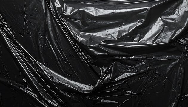 abstract black plastic texture with shiny reflections and deep shadows, crumpled surface, crumpled film, industrial material background