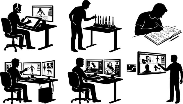 Digital artists and animators working set illustrating creative professionals at their desks