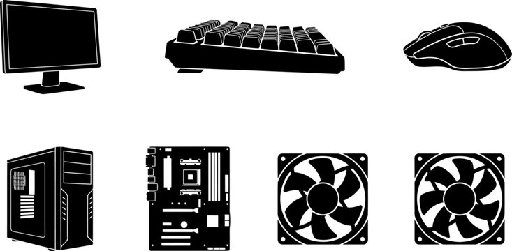 Desktop computer hardware components silhouette bundle including monitor keyboard motherboard and cooling fans