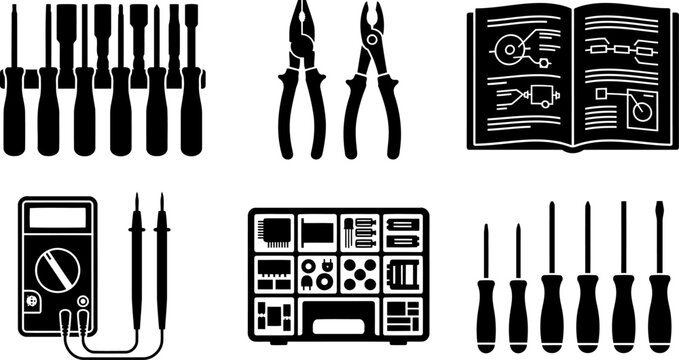 Electrical testing and diagnostics equipment silhouette set containing multimeter and screwdriver tools