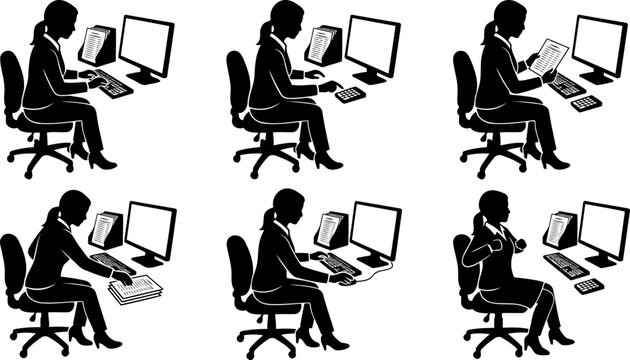 Female office worker desk activities silhouettes set featuring typing and reading