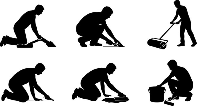 Flooring and tile installation contractor silhouette bundle showing workers laying down materials