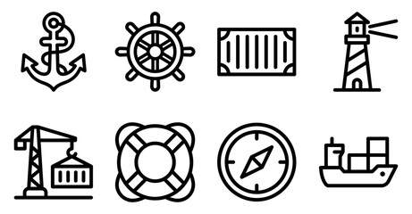 Set of simple black line icons for nautical shipping and maritime transportation themes with symbols Minimal stroke icon set bundle collection. Editable Vector Illustration Mega pack © SIMUL