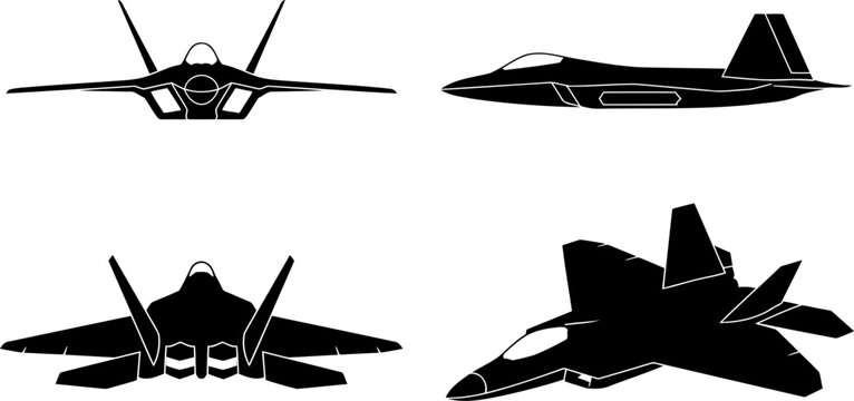 Military fighter jet aircraft silhouette collection displaying supersonic planes in flight angles pack