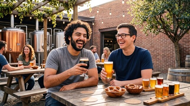 Friends enjoying craft beer and snacks at a brewery patio