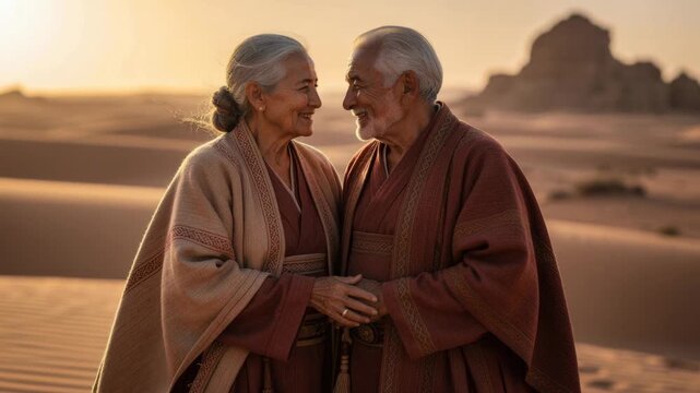 Elderly couple in traditional clothing sharing a joyful moment in serene desert landscape at sunset