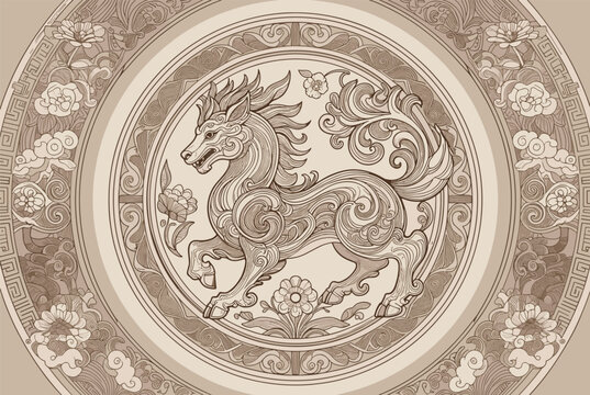 Intricate circular emblem features a legendary Qilin or Kirin creature surrounded by ornate floral and cloud patterns in a classic style.