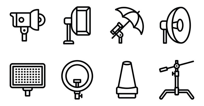 Set of studio lighting equipment icons for professional photography and video production in black lines Minimal stroke icon set bundle collection. Editable Vector Illustration Mega pack
