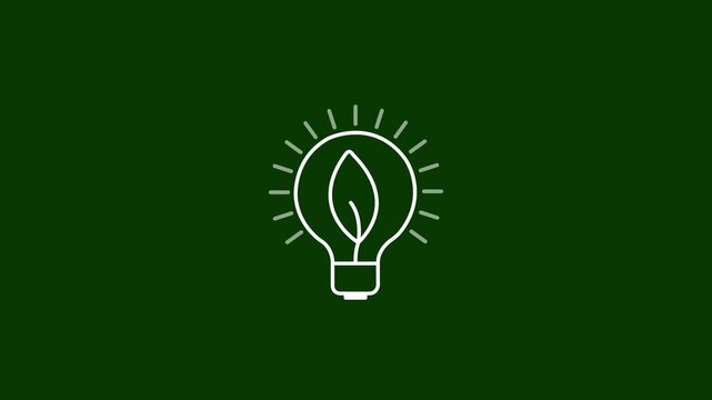 Eco light bulb icon with leaf animation green energy renewable electricity sustainability concept white minimalist line drawing loop motion graphic isolated on dark green background.