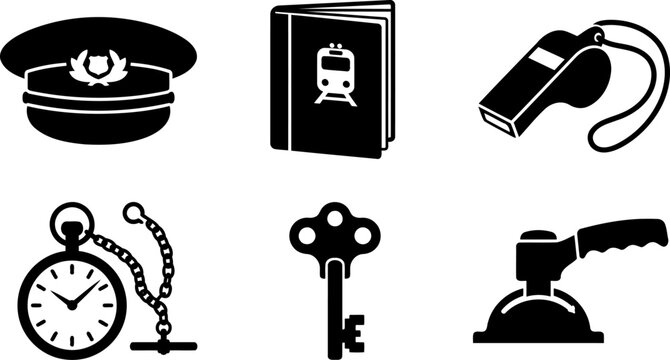 Train conductor and railway operator equipment set with hat whistle pocket watch and keys