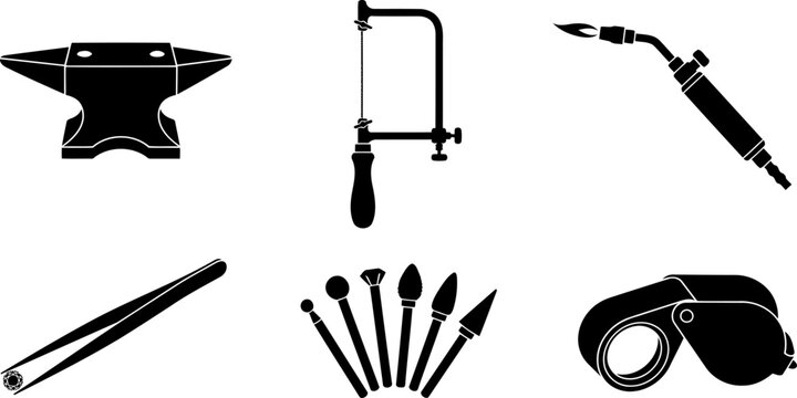 Vector silhouette collection of jeweler tools assisting metalworking and gemstone setting designs