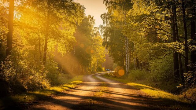 Sunlit forest path winding through vibrant green trees in golden hour light nature landscape