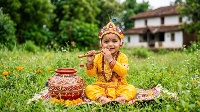 Little krishna playing flute in a vibrant garden