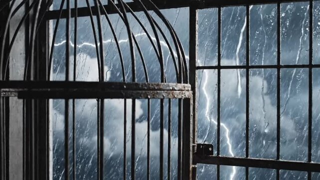 Empty Birdcage Standing Near A Window During A Storm With Lightning Strikes And Heavy Rain Outside The Darkened Room Seeking Freedom Concept