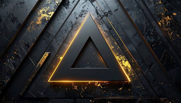 Abstract dark metallic triangle with glowing orange geometric lines and sparkling gold particles, representing technology and luxury, futuristic backdrop