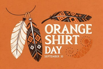 Beautifully illustrated orange shirt day poster design featuring intricate native style patterned feathers and bold white typography on a textured burnt orange background to honor residential school s © zubair