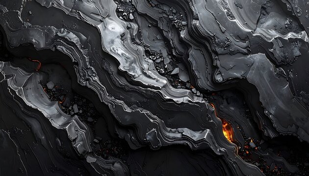Abstract dark textured background with glowing orange embers and metallic highlights, dynamic fluid motion, close up view, digital art
