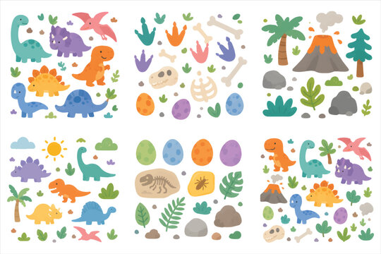Playful prehistoric dinosaur characters and landscape elements collection, ideal for children's creative projects and educational resources, featuring a charming Vector Design