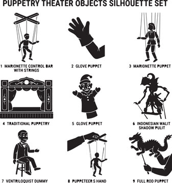 Puppetry theater objects silhouette set, marionette and glove puppet icons, traditional puppet show stage and ventriloquist dummy vector collection