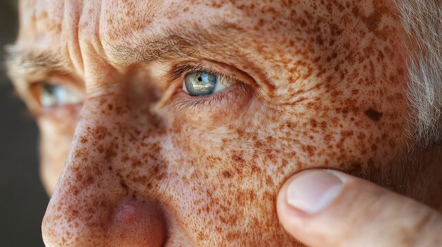 Close up portrait of a person with freckled skin and blue eyes in natural light for authentic look