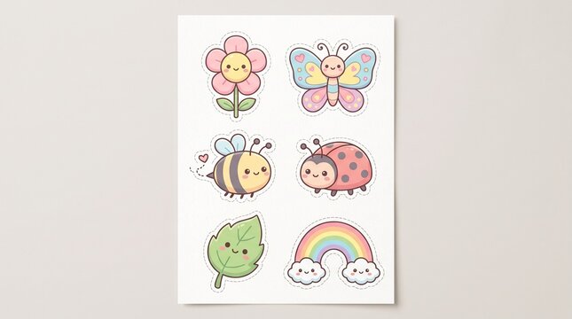 Kawaii Spring Garden Sticker Sheet: Flower, Butterfly, Bee, Ladybug, Leaf, Rainbow