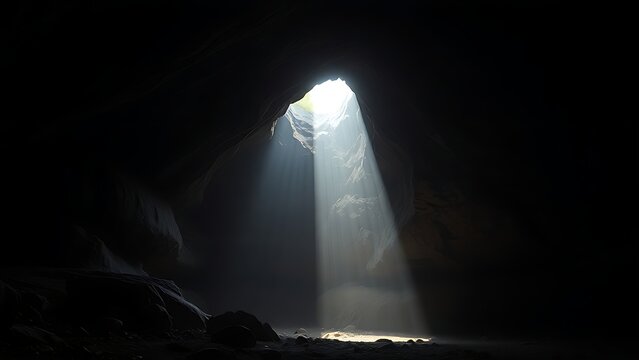 Sunlight illuminating hidden formations inside a dark cave entrance, dramatic light and shadow.