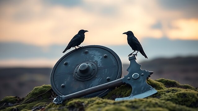 Two ravens perched on a weathered shield and axe at dawn.