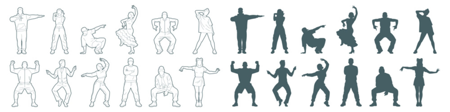CAD elevation drawing architecture elements of people dancing and posing in various styles in  with line art and silhouettes