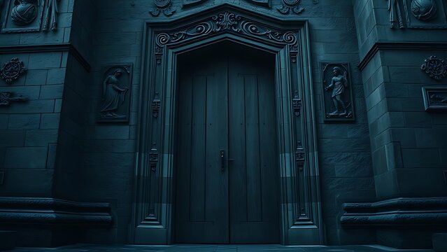 A massive stone door with carved reliefs and a single keyhole.