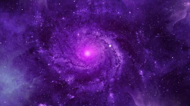 Galaxy spiral nebula glows with intense purple light and sparkling stars in the vast deep space.