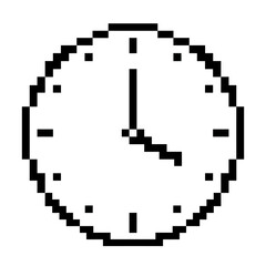 Fototapeta premium A simple black and white pixel art clock icon isolated on a white background