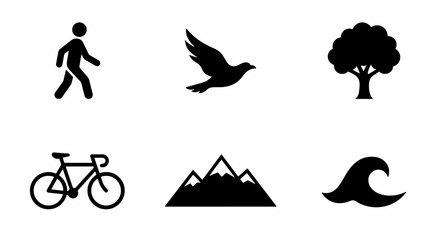 Silhouette Icons: Walking Man, Flying Bird, Tree, Bicycle, Mountains, Ocean Wave - Simple Black Vector Graphics for Nature and Activity Themes © rahul
