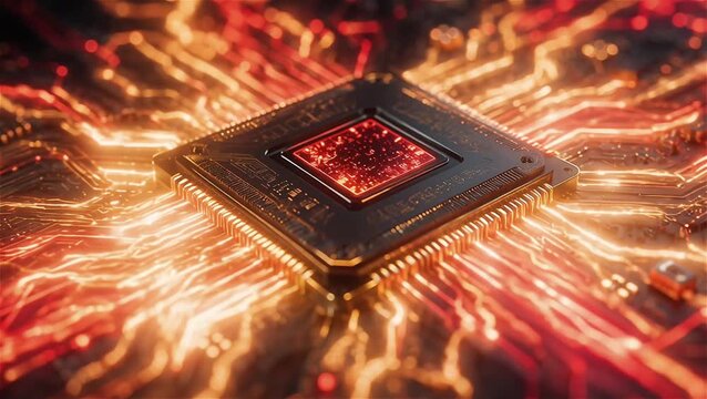 Glowing red microchip with fiery energy streams for AI processing concept and tech presentation