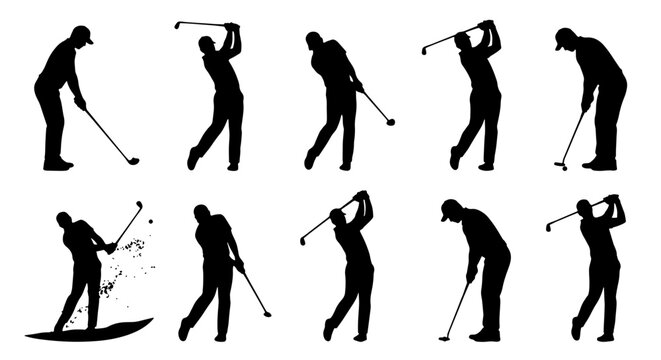 Golf Swing Silhouettes, Dynamic Action Poses, Sports Vector Set, Athletic Movement Collection, Black and White Graphic Elements