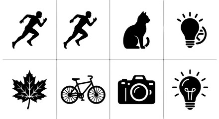 Diverse Vector Icons Set: Runner, Cat, Lightbulb, Maple Leaf, Bicycle, Camera, Silhouette Collection for Web and Print © rahul